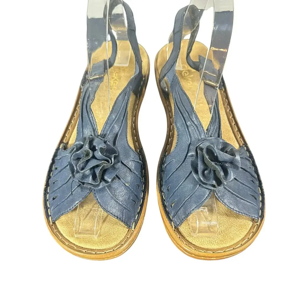 Rieker Women’s Size 39 US sz 8 Floral Toe Sandals Blue Leather Slip-On Comfort